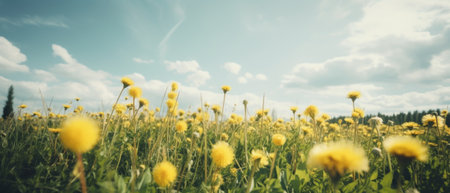 Yellow dandelions and blue sky. Generative AIの素材