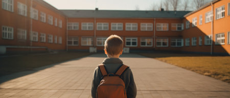 Boy looking at school, back to school. Generative AIの素材