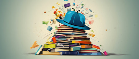 Graduation cap on a stack of books. Generative AIの素材