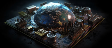 Microcontroller in the shape of a planet, suggesting the fusion of technology and space exploration. Generative AIの素材