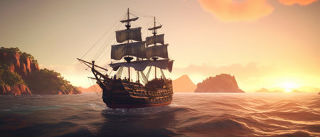 Pirate ship sailing on the open sea, with the wind in its sails and the sun setting in the background. Generative AIの素材