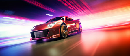 Futuristic car moving at high speed with colorful light trails, emphasizing the sense of movement and technology. Generative AIの素材