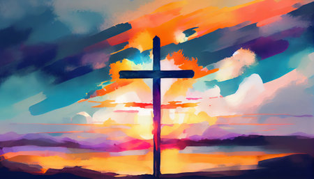 Painting in watercolor depicting a cross. Sunset with clouds. Easter concept. Generative AIの素材