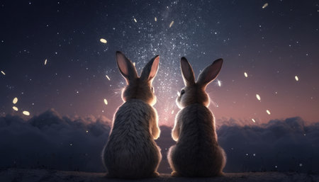 Two cute rabbits gaze at the colorful fireworks lighting up the sky in wonder and amazement. Generative AIの素材