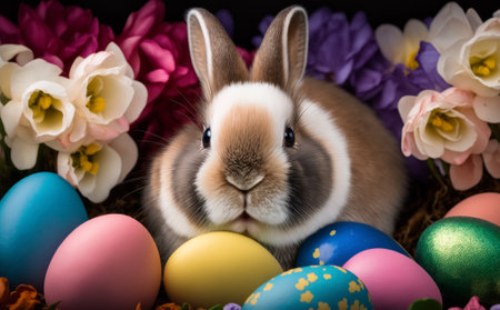 Cute Bunny with Eggs In Flower. spring holiday background. Generative AIの素材