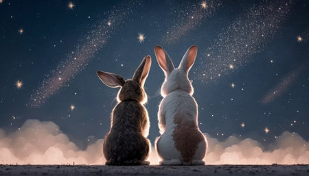 Two cute rabbits gaze at the colorful fireworks lighting up the sky in wonder and amazement. Generative AIの素材