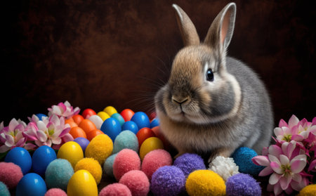 Cute Bunny with Eggs In Flower. spring holiday background. Generative AIの素材
