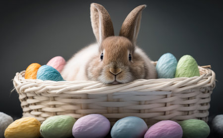 The rabbit is sitting in a basket. A cute and fluffy rabbit. On a white background. Generative AIの素材