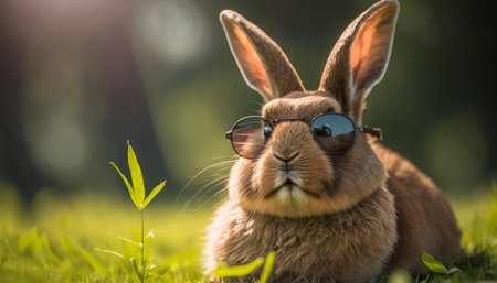 Portrait of a hare with glasses, which gives it an intellectual and learned look. The hare looks serious and concentrated, as if deep in thought or read in a book. Generative AIの素材