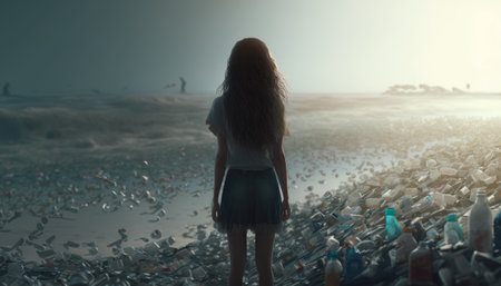A girl is standing on the beach looking at the garbage. The scene is one of environmental degradation and highlights the negative impact of human activity on nature. Generative AIの素材