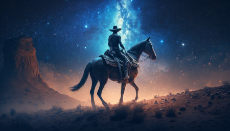 Cowboy sits on a horse under a stunningly beautiful night sky.の素材
