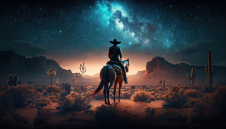 Cowboy sits on a horse under a stunningly beautiful night sky.の素材