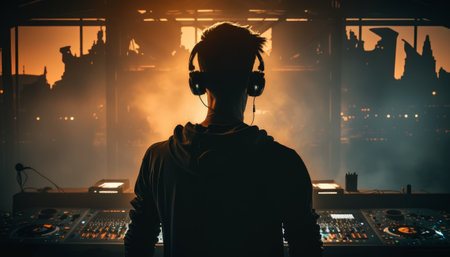 Dj in the night club. back view. DJ with headphones. Generative AIの素材