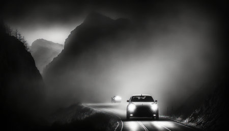 Minimalist car through a dark mountain landscape generative aiの素材