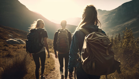 Group hiking in the mountains. A group of people is walking along the mountains. Generative AIの素材