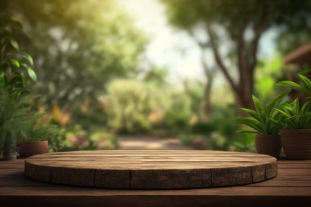 Floral and empty wooden table. Generative AIの素材