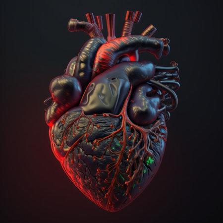 Modern heart with futuristic design on black background. Generative AIの素材