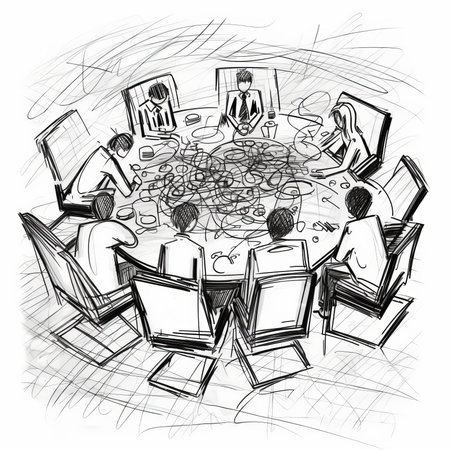 A drawing of a man and woman sitting at a table with a computer. Generative AIの素材