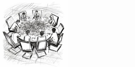 A drawing of a man and woman sitting at a table with a computer. Generative AIの素材