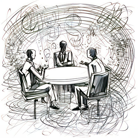 A drawing of a man and woman sitting at a table with a computer. Generative AIの素材