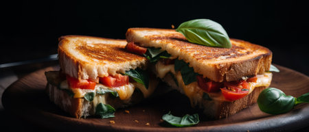 Sandwich with grilled cheese that looks and mouthwatering. The cheese is melted to perfection and oozing out of the bread, creating a tempting visual. Generative AIの素材