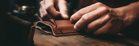 Man makes a leather wallet. Generative AIの素材