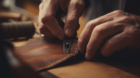 Man makes a leather wallet. Generative AIの素材