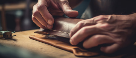 Man makes a leather wallet. Generative AIの素材