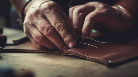 Man makes a leather wallet. Generative AIの素材