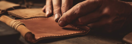 Man makes a leather wallet. Generative AIの素材