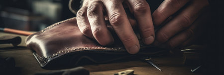 Man makes a leather wallet. Generative AIの素材