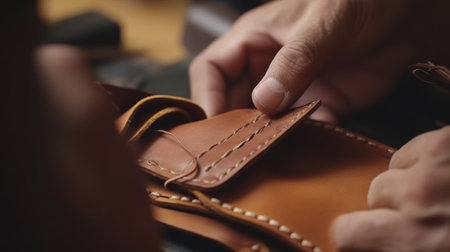 Man makes a leather wallet. Generative AIの素材
