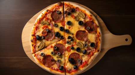 Close-up of delicious and appetizing pizza with melted cheese on a wooden board. Generative AIの素材