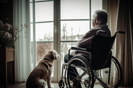 An elderly man sits in a wheelchair next to his dog and looks out the window. Generative AIの素材