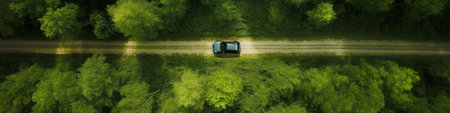 Top view of a car, a car driving on a narrow road in the forest. Generative AIの素材
