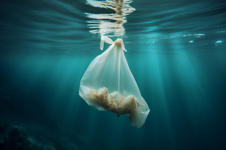 Plastic bags floating in the sea, the problem of pollution and dirty oceans. Generative AIの素材