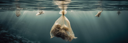 Plastic bags floating in the sea, the problem of pollution and dirty oceans. Generative AIの素材