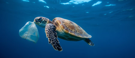 Turtle swims in the sea, plastic bags, environment concept. Generative AIの素材