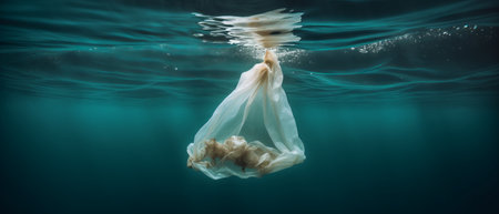 Plastic bags floating in the sea, the problem of pollution and dirty oceans. Generative AIの素材