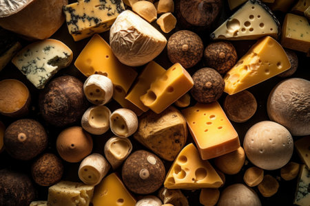 Types of cheese displayed on a background. Generative AIの素材