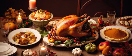 Country Thanksgiving Dinner. Roast Turkey. Generative AIの素材