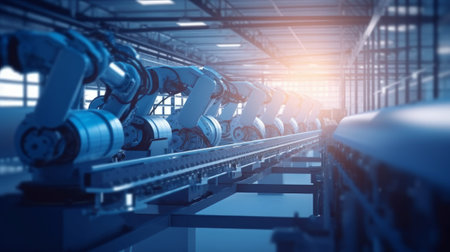 Automobile factory, cars are made on the assembly line. Generative AIの素材