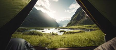 A beautiful landscape seen from the inside of a cozy tent. Generative AIの素材