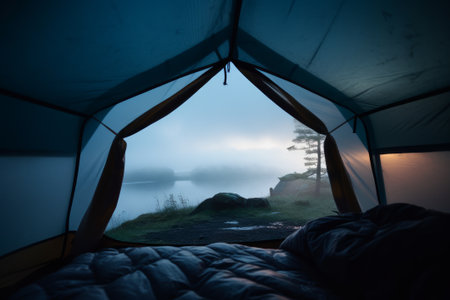 A beautiful landscape seen from the inside of a cozy tent. Generative AIの素材