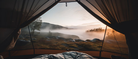 A beautiful landscape seen from the inside of a cozy tent. Generative AIの素材