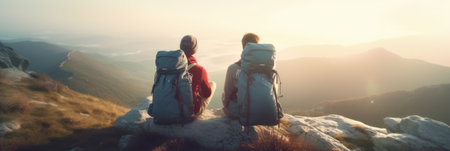 Hikers with backpacks sitting and relaxing on the top of a mountain, enjoying the beautiful view of the valley below. Generative AIの素材