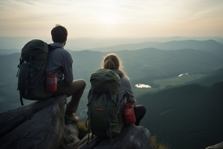 Hikers with backpacks sitting and relaxing on the top of a mountain, enjoying the beautiful view of the valley below. Generative AIの素材