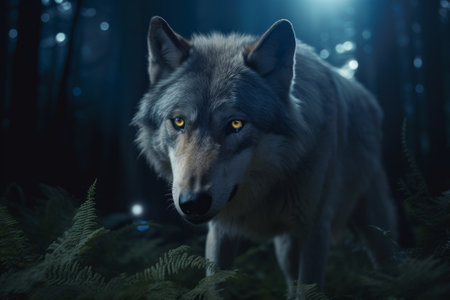 Wolf in a dark and mysterious forest at night. Generative AIの素材