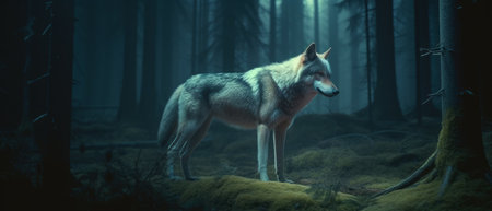 Wolf in a dark and mysterious forest at night. Generative AIの素材