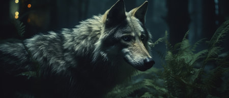Wolf in a dark and mysterious forest at night. Generative AIの素材